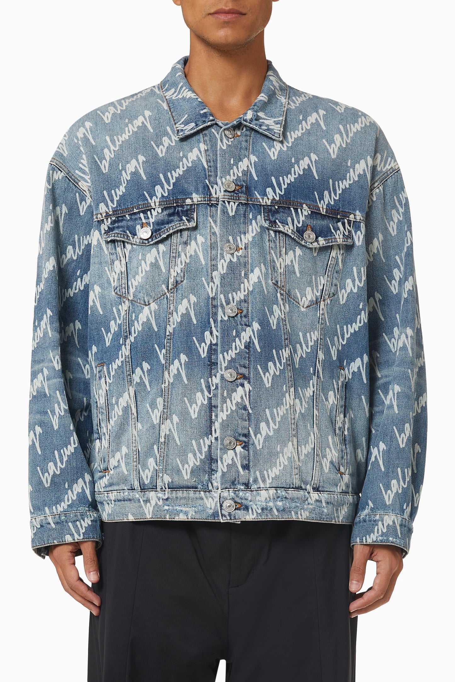 Balenciaga All Over Logo Oversized Denim Jacket Indigo