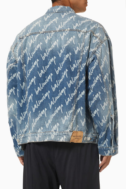Balenciaga All Over Logo Oversized Denim Jacket Indigo