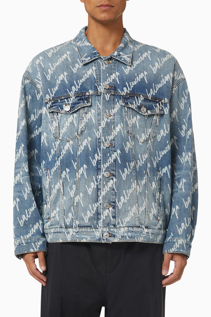 Balenciaga All Over Logo Oversized Denim Jacket Indigo