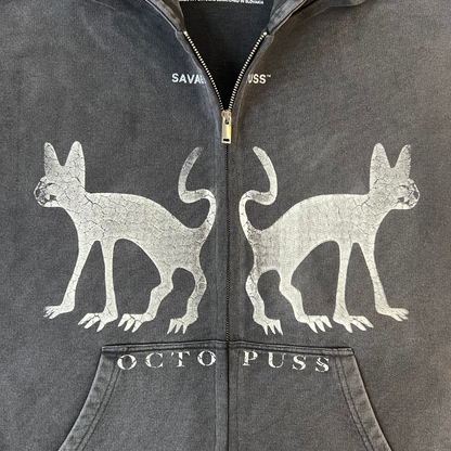 Savage Puss™ vintage black heavy double-zip hoodie