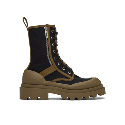 Bottega Veneta Black & Khaki Calf-High Boots / Bottega Veneta Canvas Lace-Up Boots with Contrasting Detail