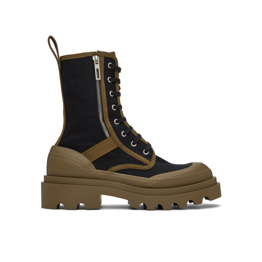 Bottega Veneta Black & Khaki Calf-High Boots / Bottega Veneta Canvas Lace-Up Boots with Contrasting Detail