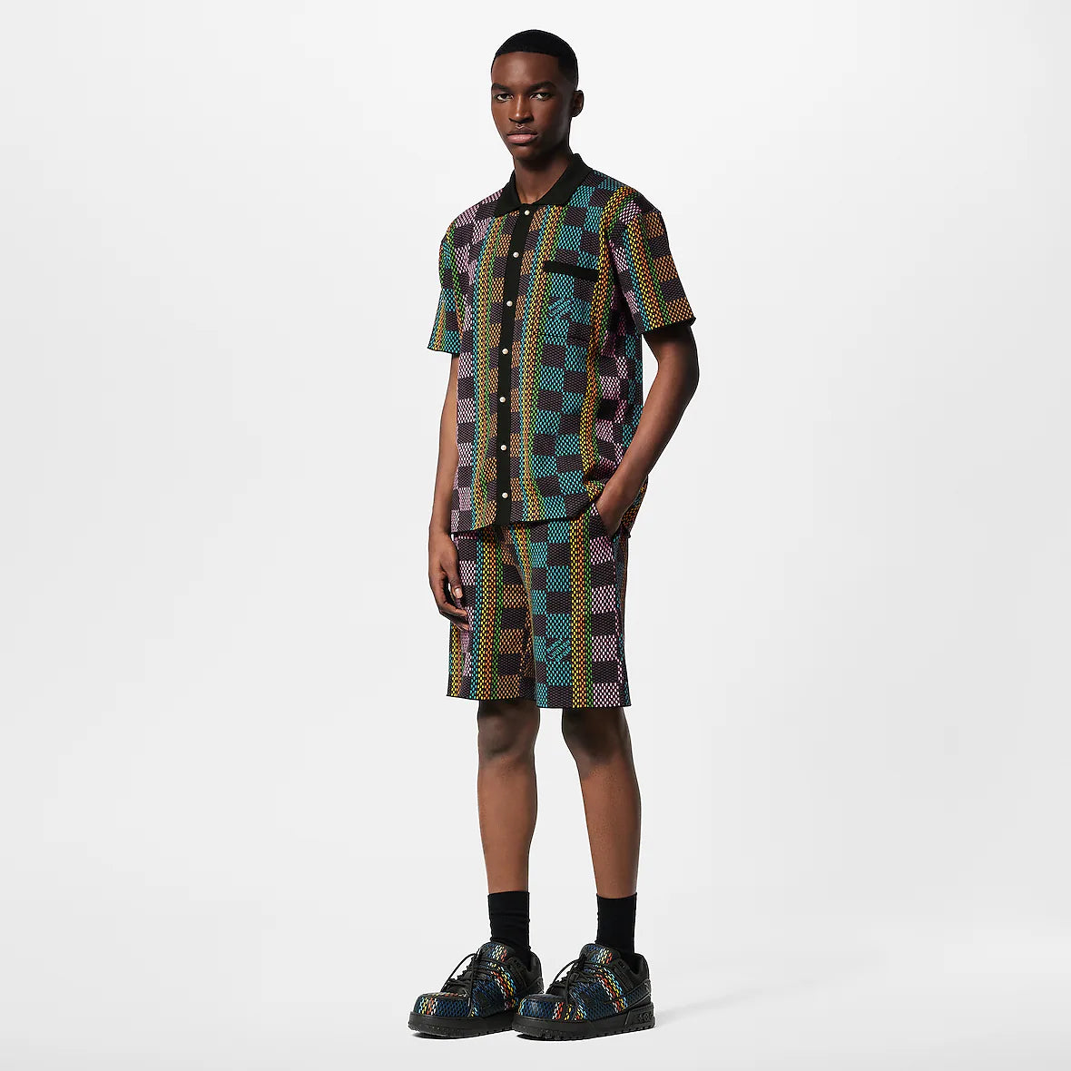 Louis Vuitton Damier Short-Sleeved Cotton Knit Shirt Multicolor