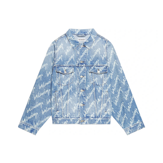 Balenciaga All Over Logo Oversized Denim Jacket Indigo