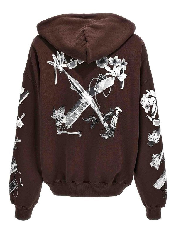 Off-White Scan Arr Printed Hoodie Rain Drum Grey Brown