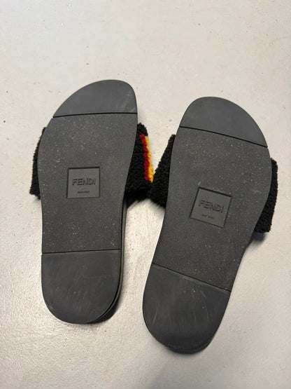 Fendi Shearling Logo Slides Rubber Fur Black