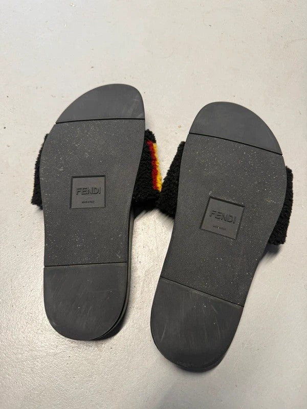 Fendi Shearling Logo Slides Rubber Fur Black