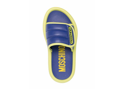 Moschino Puff Padded Logo Patch Leather Slides Green Blue