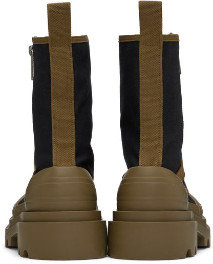 Bottega Veneta Black & Khaki Calf-High Boots / Bottega Veneta Canvas Lace-Up Boots with Contrasting Detail