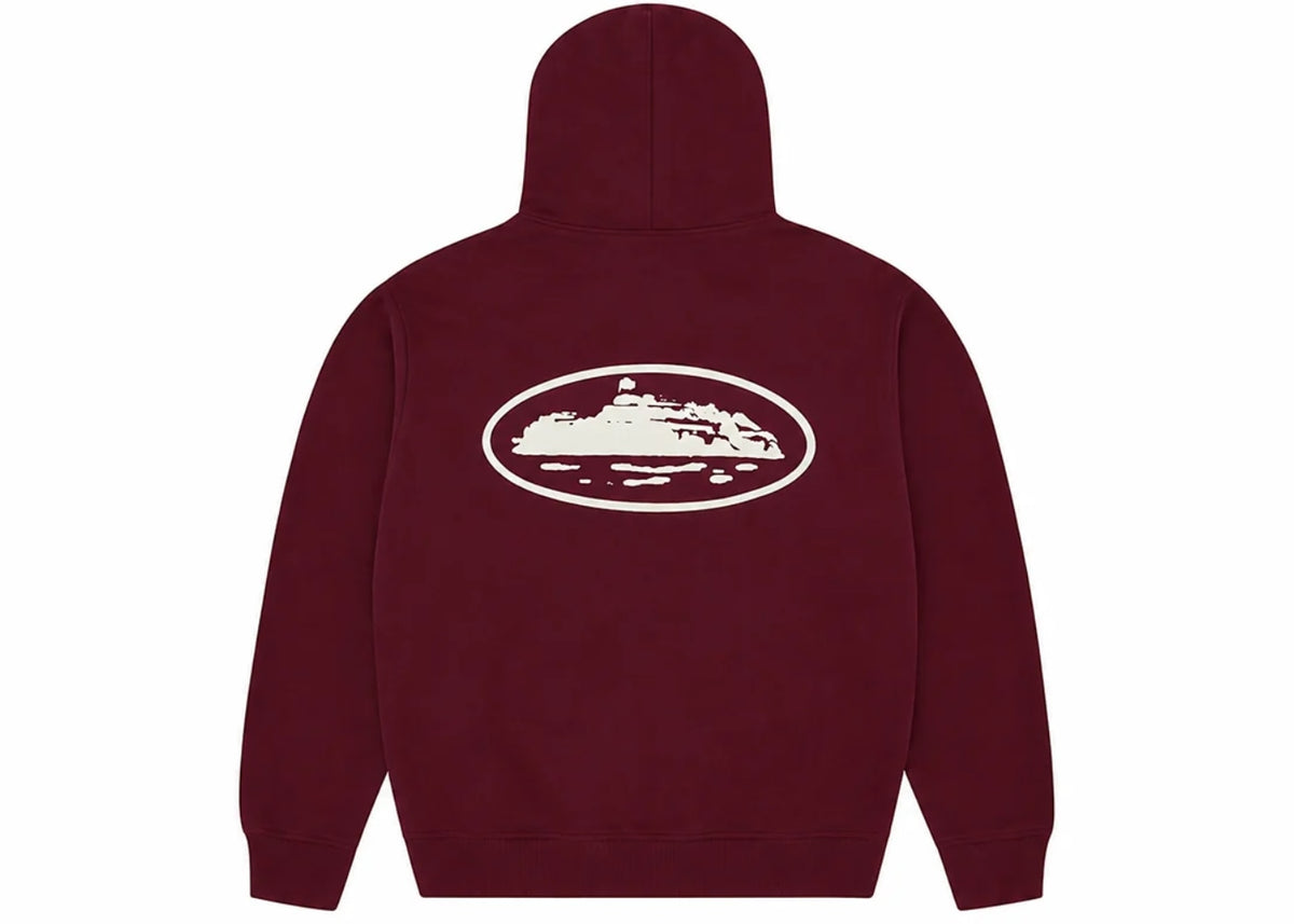 Corteiz Island Puff Print Zip Hoodie Burgundy