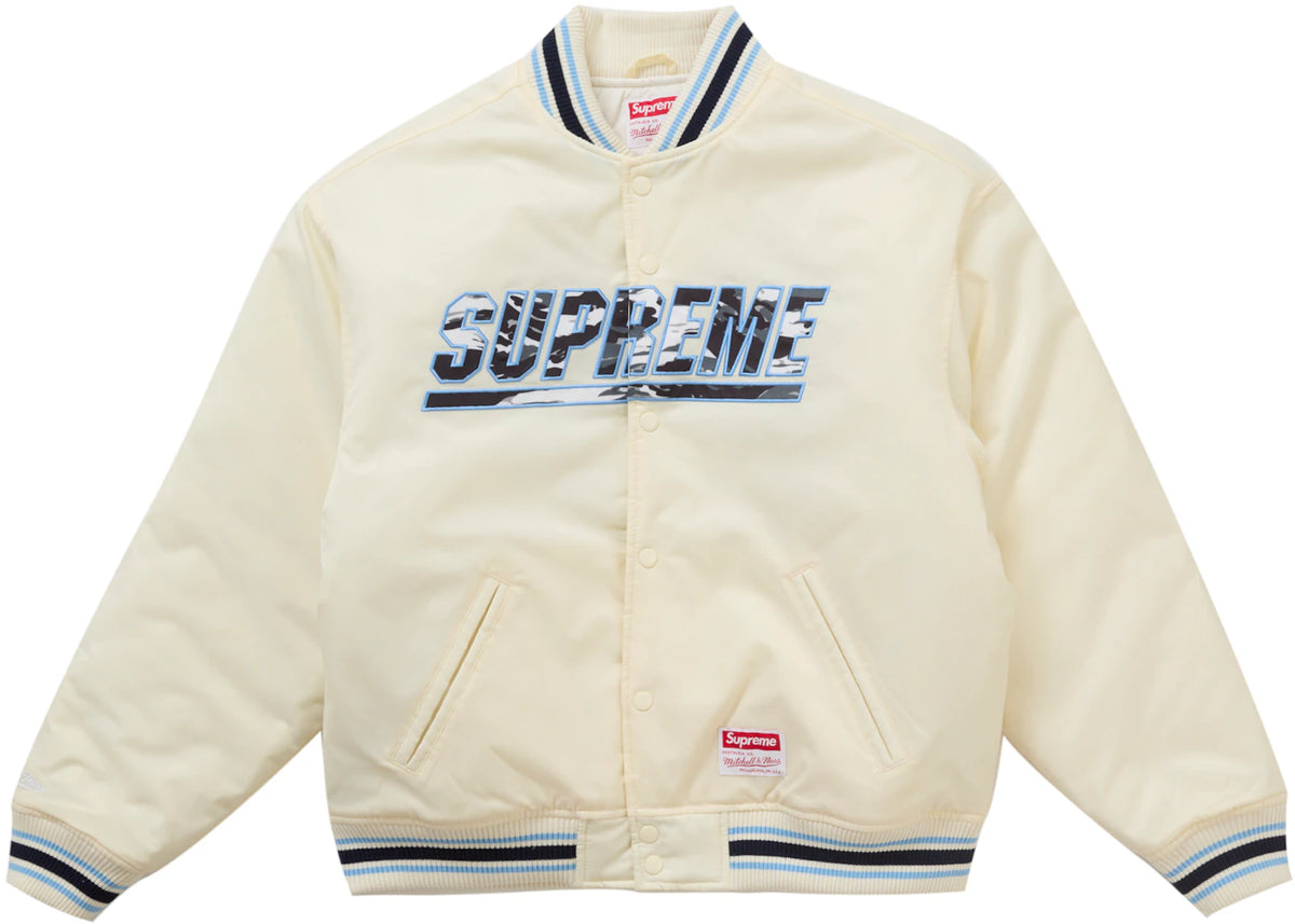 Supreme Mitchell & Ness Camo Logo Varsity Jacket White