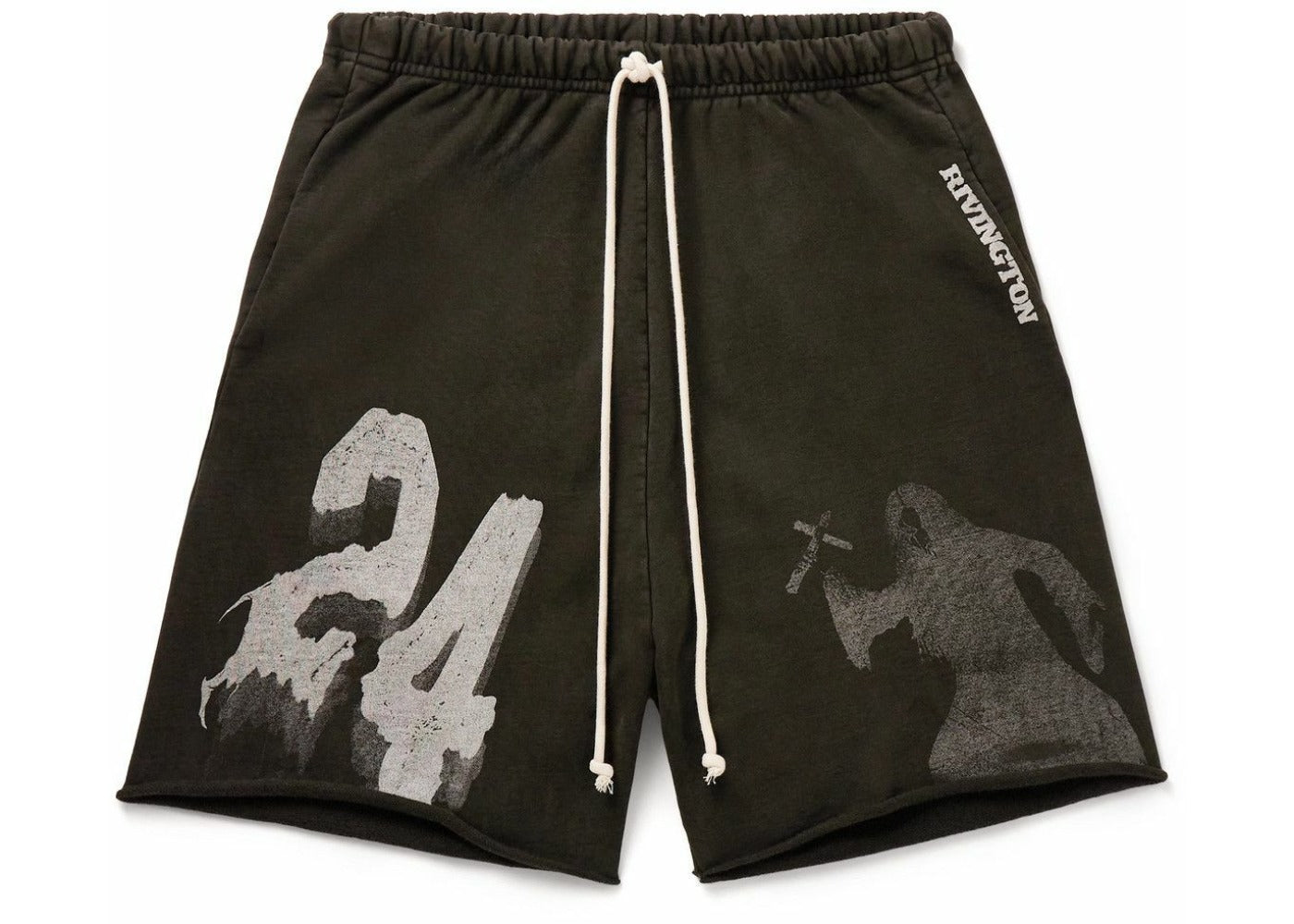 RRR123 Enemy Straight Leg Logo Print Cotton Jersey Drawstring Shorts Wahsed Black