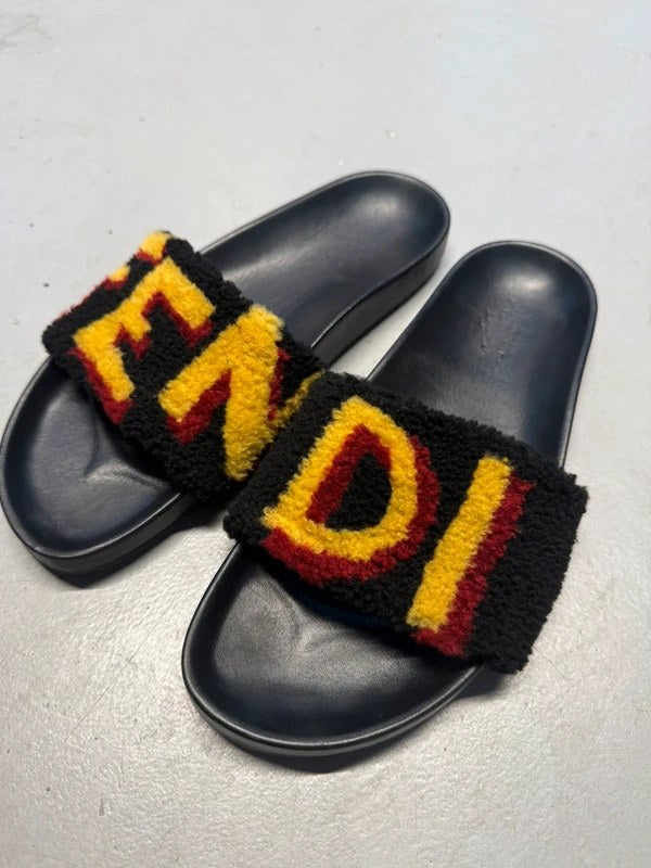 Fendi Shearling Logo Slides Rubber Fur Black