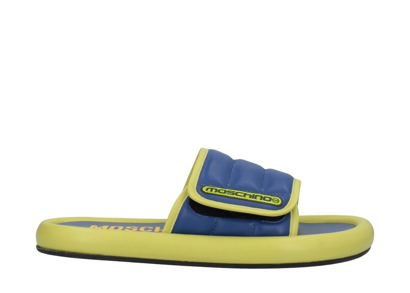 Moschino Puff Padded Logo Patch Leather Slides Green Blue