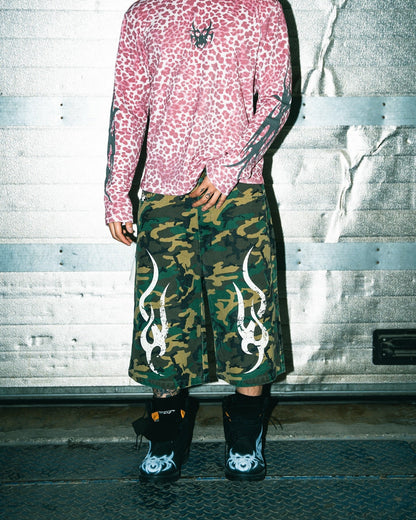 Chew Forever 3D Tribal 5 Pocket Canvas Denim Jorts Shorts Camo Green