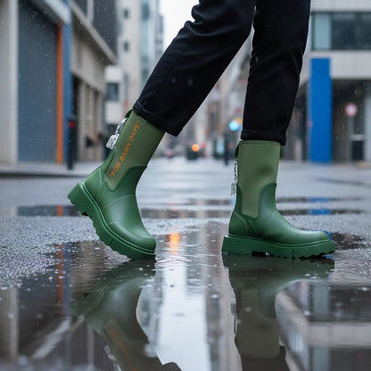 Off White Zip-tie Rubber Neoprene Rain Boots Green "For Rainy Days" (Women's)