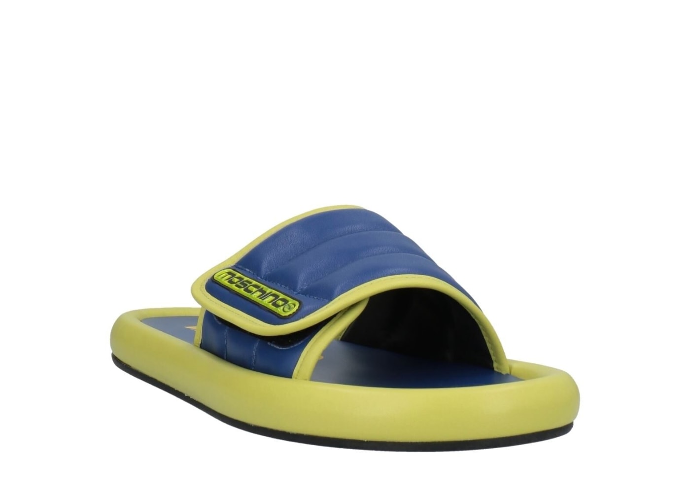 Moschino Puff Padded Logo Patch Leather Slides Green Blue