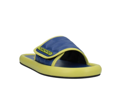 Moschino Puff Padded Logo Patch Leather Slides Green Blue