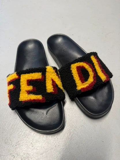 Fendi Shearling Logo Slides Rubber Fur Black