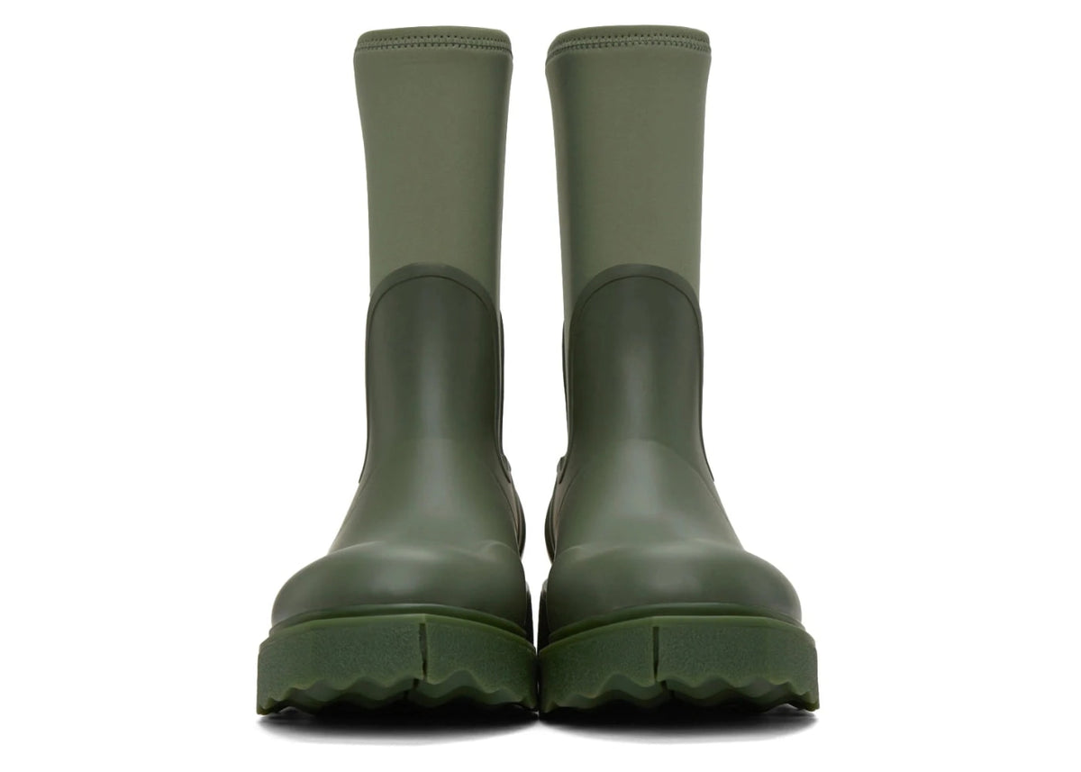 Off White Zip-tie Rubber Neoprene Rain Boots Green "For Rainy Days" (Women's)