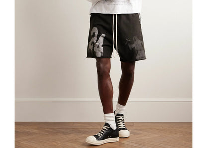 RRR123 Enemy Straight Leg Logo Print Cotton Jersey Drawstring Shorts Wahsed Black