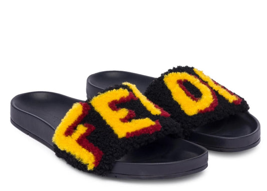 Fendi Shearling Logo Slides Rubber Fur Black