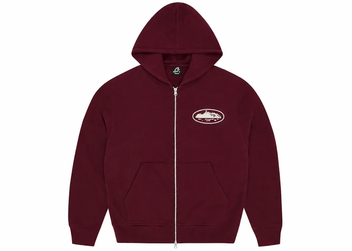 Corteiz Island Puff Print Zip Hoodie Burgundy