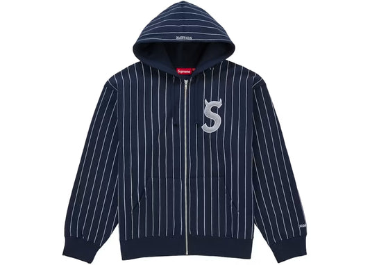 Supreme Devil S Logo Zip Up Hooded Sweatshirt Stripe Blue Navy