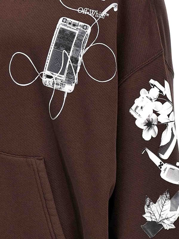Off White Scan Arr Printed Hoodie Rain Drum Grey Brown