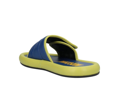Moschino Puff Padded Logo Patch Leather Slides Green Blue