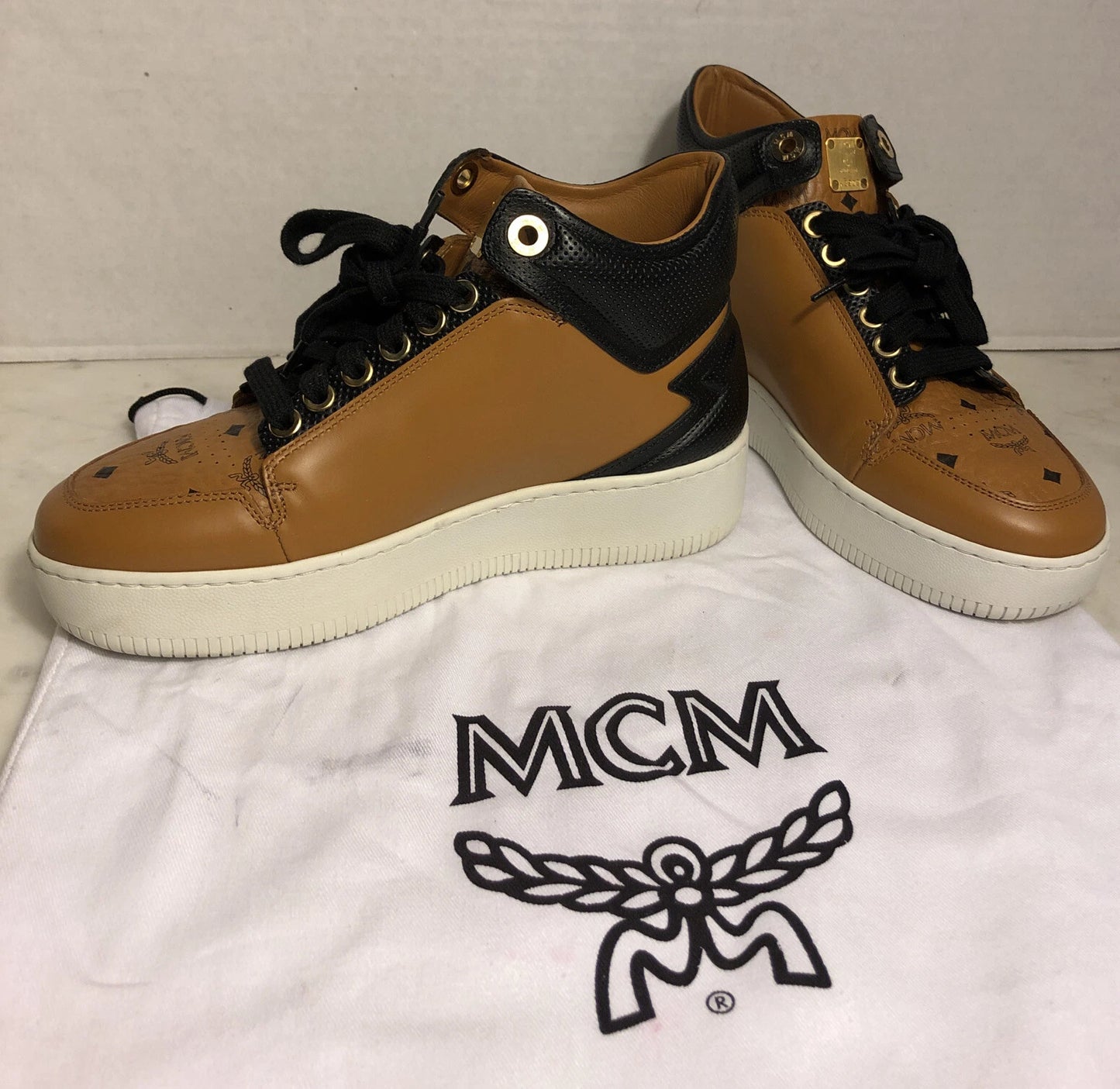 MCM Cognac Leather Monogram Platform Terrain High Top Shoes