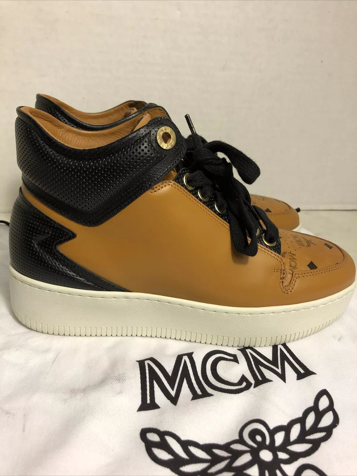 MCM Cognac Leather Monogram Platform Terrain High Top Shoes