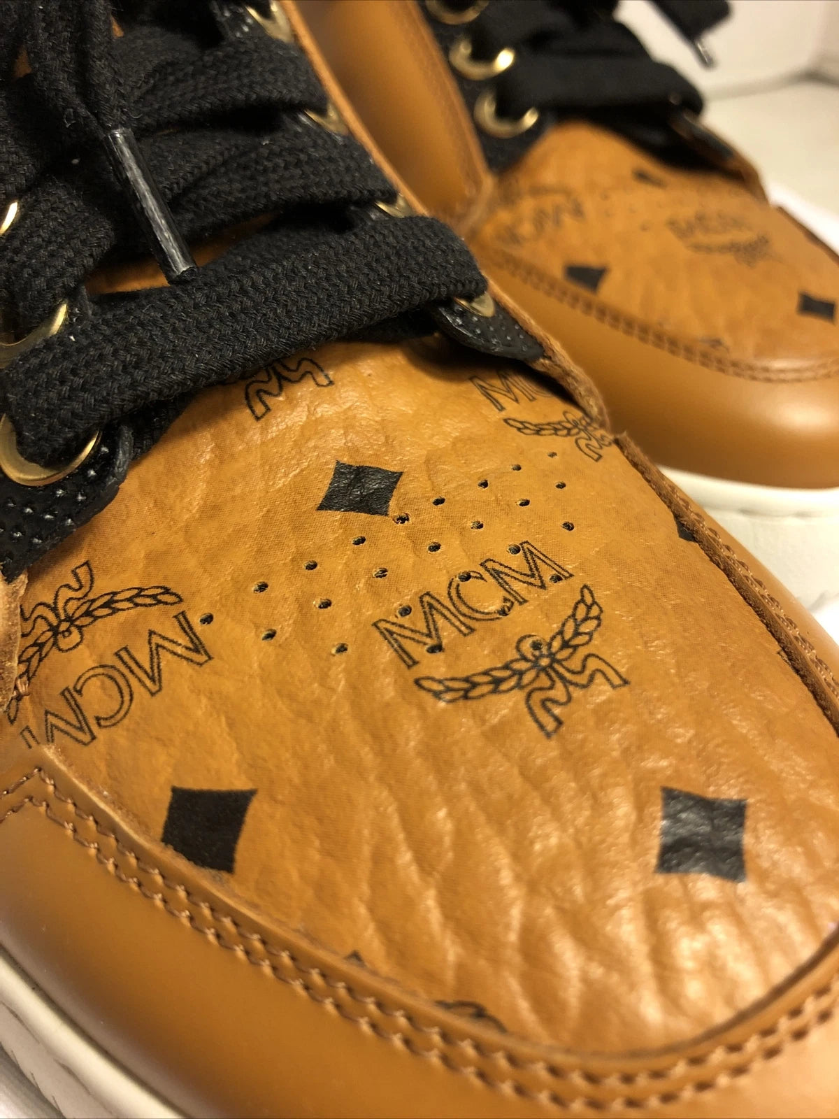 MCM Cognac Leather Monogram Platform Terrain High Top Shoes