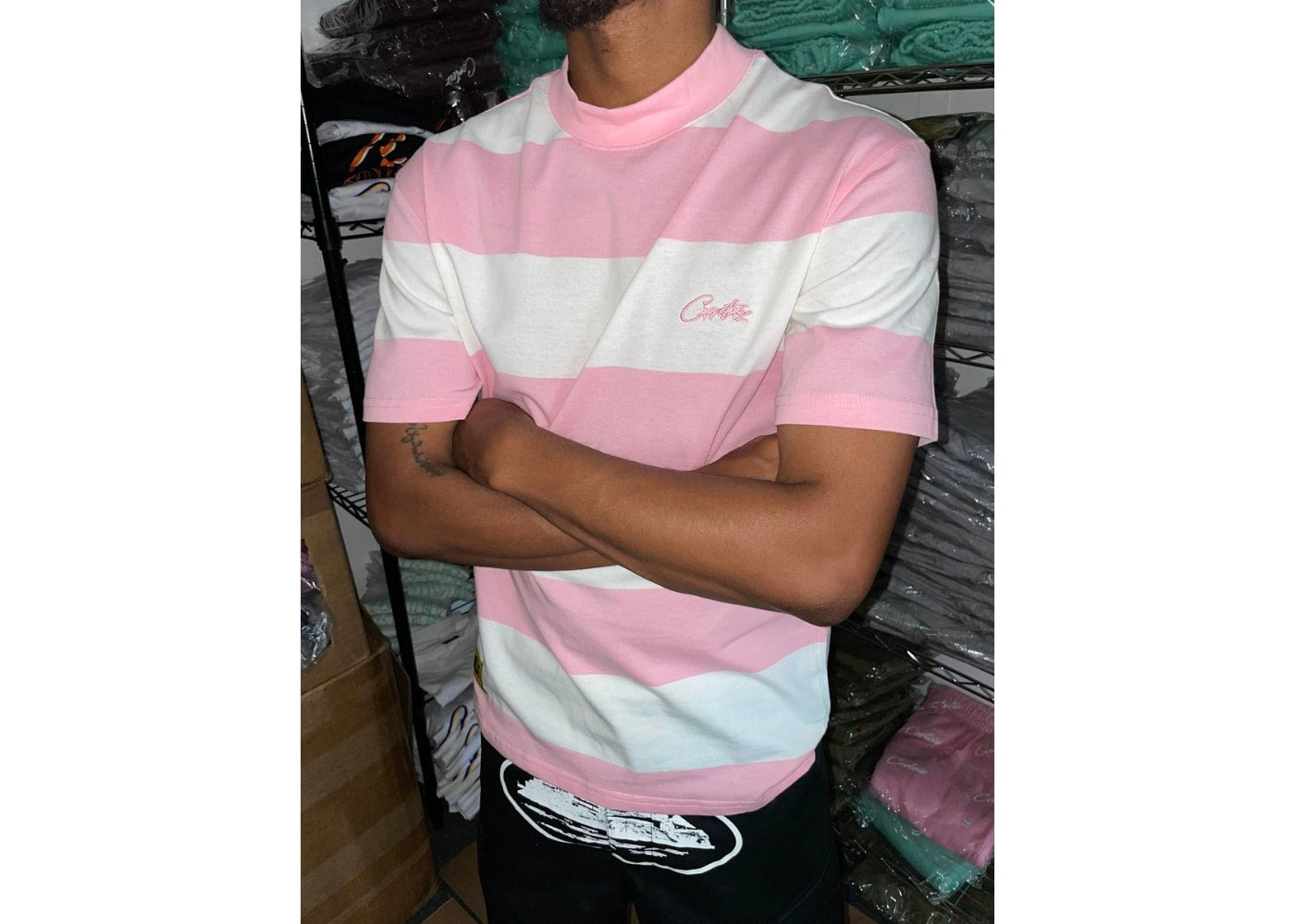 Corteiz Allstarz Striped Tee White Pink