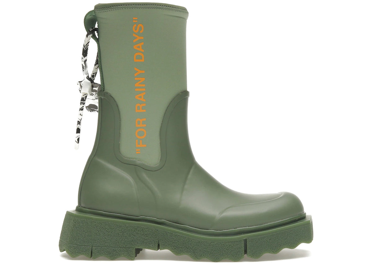 Off White Zip-tie Rubber Neoprene Rain Boots Green "For Rainy Days" (Women's)