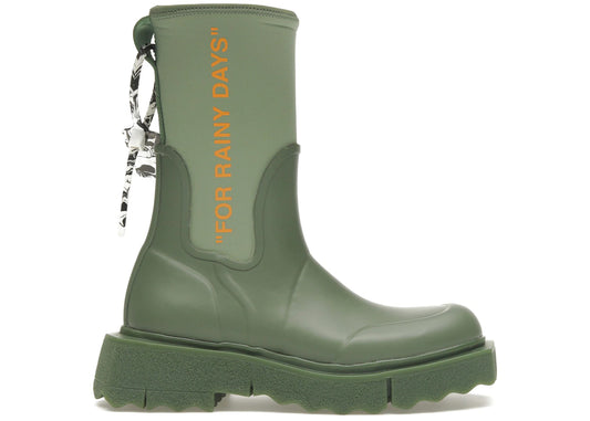 Off White Zip-tie Rubber Neoprene Rain Boots Green "For Rainy Days" (Women's)