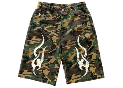 Chew Forever 3D Tribal 5 Pocket Canvas Denim Jorts Shorts Camo Green