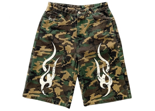 Chew Forever 3D Tribal 5 Pocket Canvas Denim Jorts Shorts Camo Green